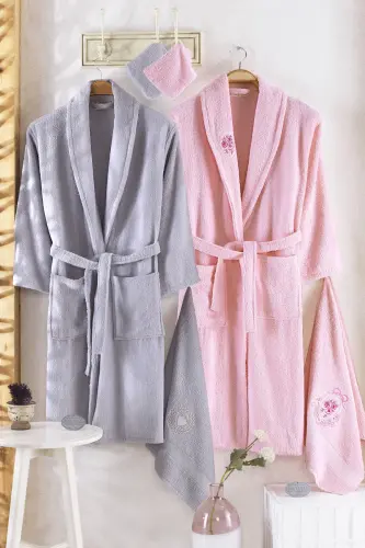 Unisex Gray Güvenal Pamuxu 8 Pieces Family Bathrobe Set-Gray 