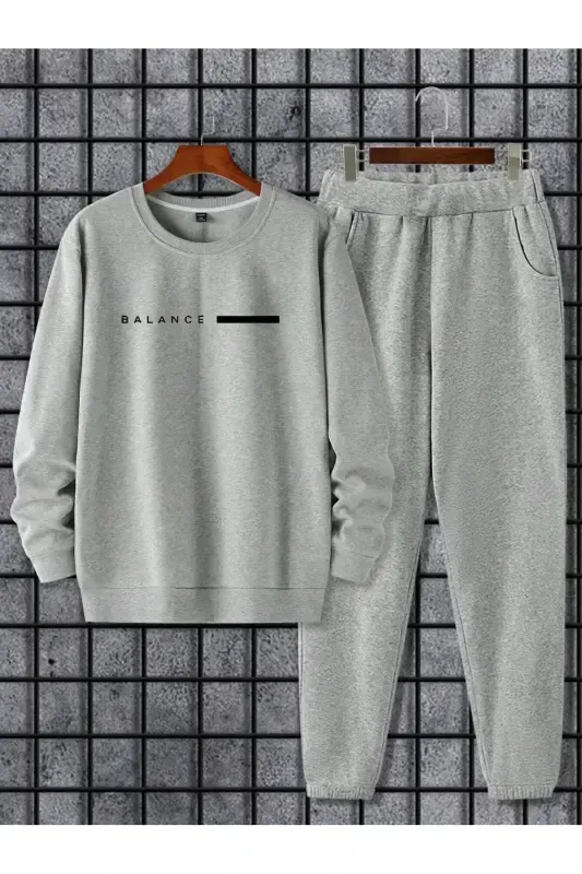 Unisex Gray Tracksuit with BALANCE Print, Fleece-Lined-Gray - 1