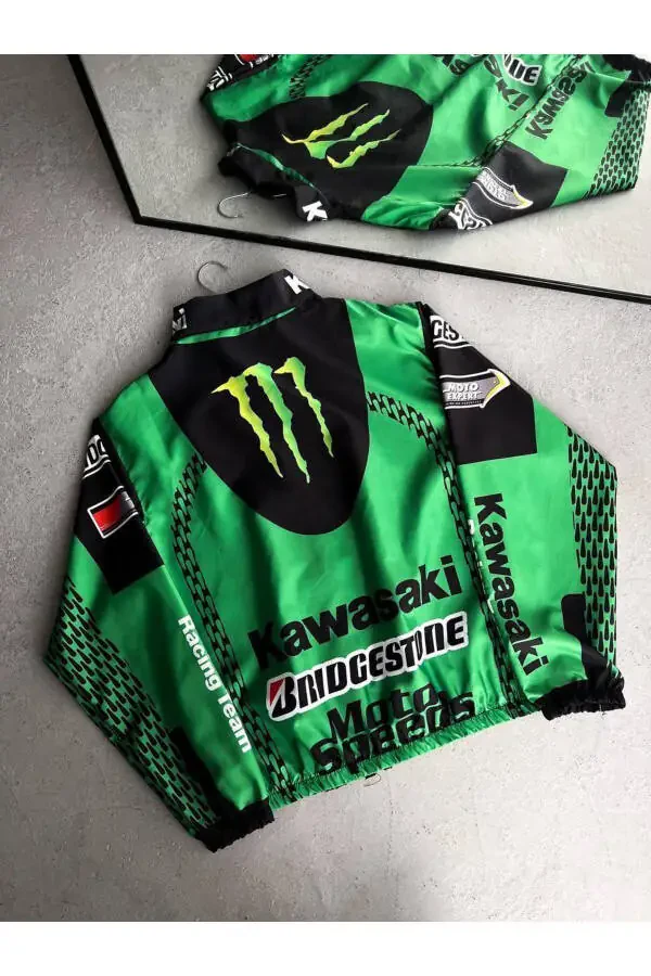 Unisex Green Kawa Digital Design Printed Zippered Raincoat & Windbreaker - 2