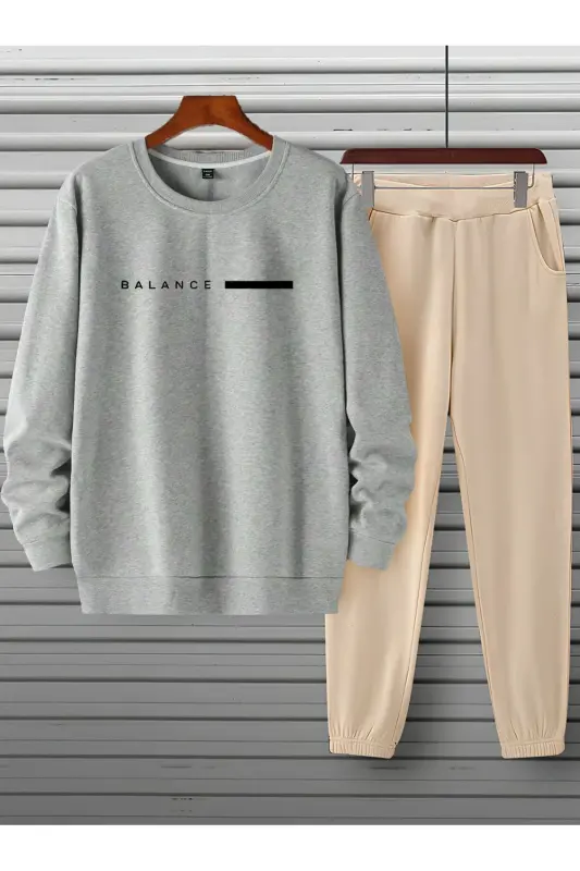 Unisex Gri Bej Eşofman Takımı BALANCE baskılı Şardonlu - Gri Bej - SEUSCRAFT