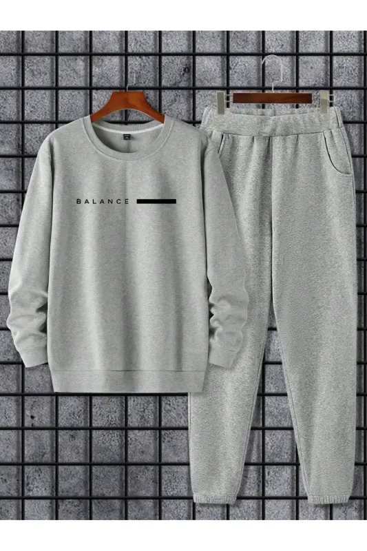 Unisex Gri Eşofman Takımı BALANCE baskılı Şardonlu-Gri - 1