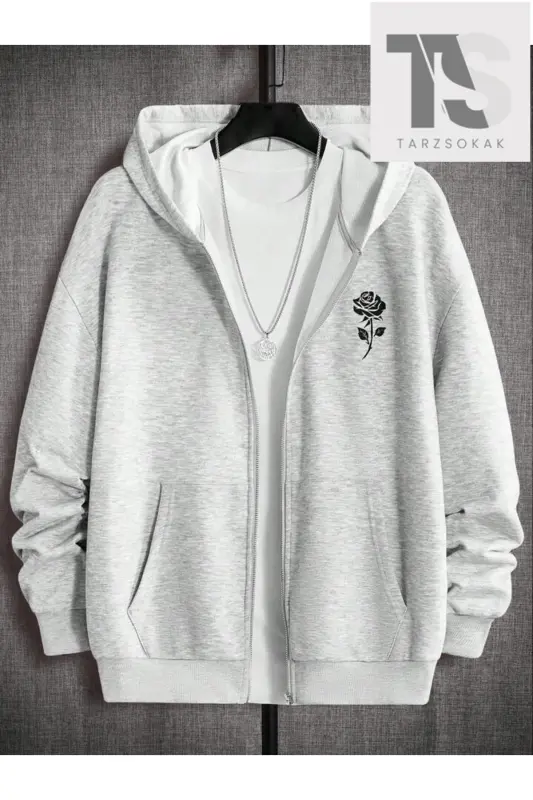 Unisex Gül Sweatshirt Fermuarlı Hırka-gri gül - 1