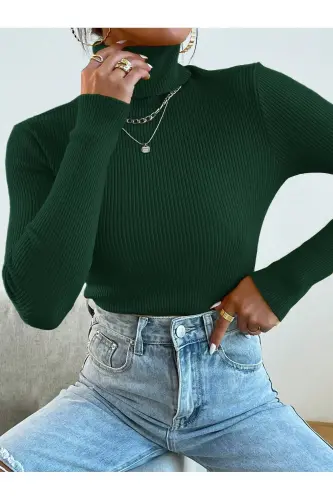 Unisex Haki Yashil Paxtalik Balıqchi Yaka Shardonli Slimfit Boğazli Kazak-Yashil - 3