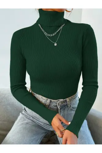 Unisex Haki Yeşil Pamuklu Balıkçı Yaka Şardonlu Slimfit Boğazlı Kazak-Yeşil - GENEL MARKALAR (1)