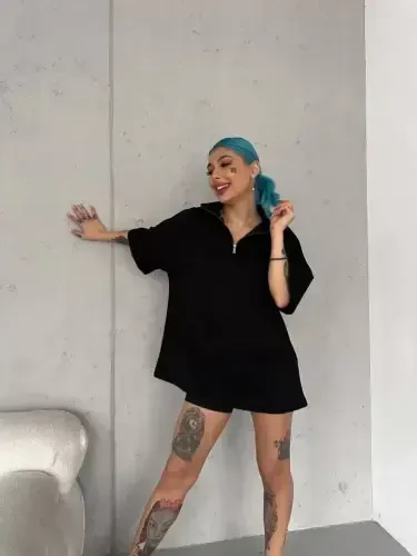 Unisex Half Zipper Basic T-Shirt - Black - 3