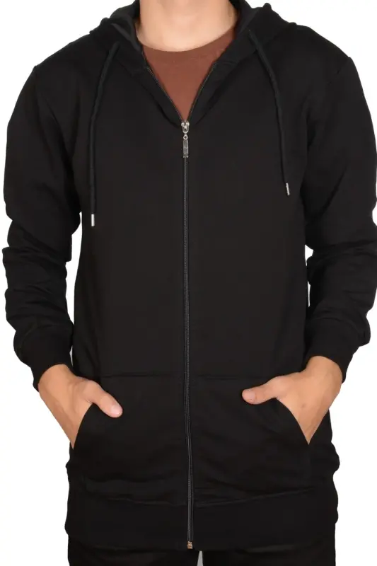 Unisex Hooded Zip-Up Sweat Cardigan-black - 1