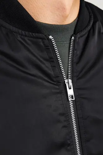 Unisex Ichki Astarli Düz Bomber Kurtka - Qora - 2