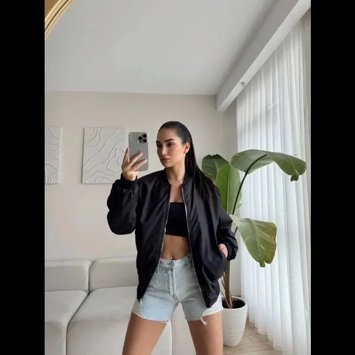Unisex İçi Astarlı Düz Bomber Ceket - Siyah - BÜYÜKBEDENIZ