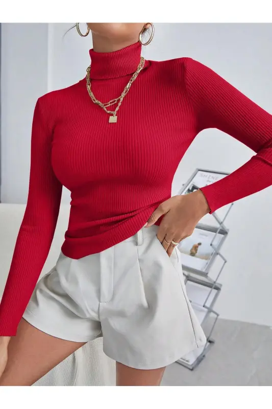 Unisex Kan Kırmızı Pamuklu Balıkçı Yaka Şardonlu Slimfit Boğazlı Kazak - Kan Kırmızı - 3