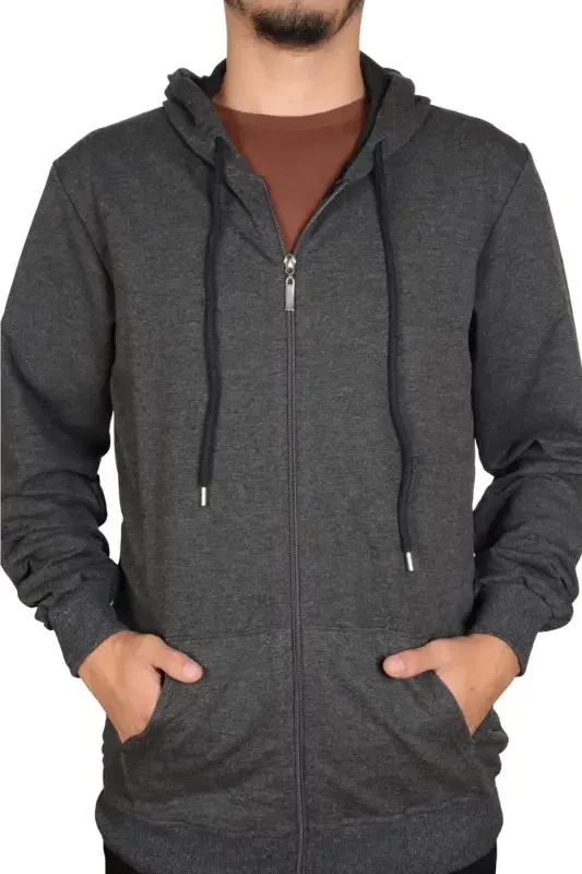 Unisex Kapşonli Fermuarlı Sweat Hırka-FÜME - 2