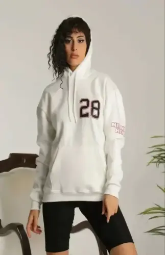 Unisex Kapşonlu Baskılı Sweetshirt - Beyaz - BÜYÜKBEDENIZ (1)