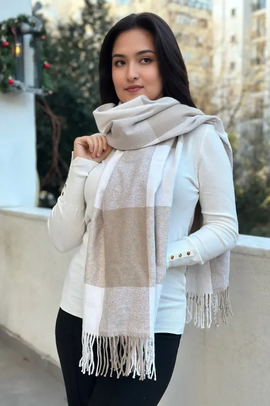 Unisex Kaşe Dokulu Saçaklı Premium Uzun Atkı-BEJ&BEYAZ - NOVON GIYIM & AKSESUAR
