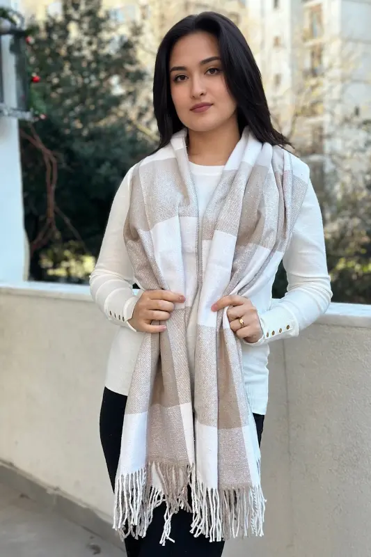 Unisex Kaşe Dokulu Saçaklı Premium Uzun Atkı-BEJ&BEYAZ - 2