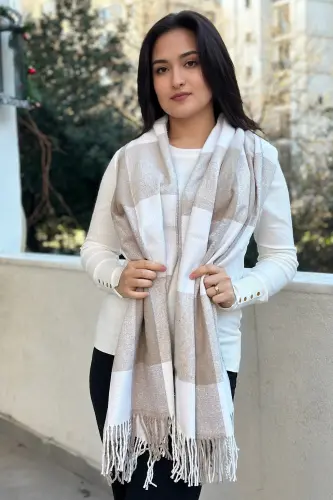 Unisex Kaşe Dokulu Saçaklı Premium Uzun Atkı-BEJ&BEYAZ - NOVON GIYIM & AKSESUAR (1)