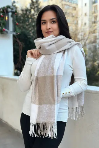 Unisex Kaşe Dokulu Saçaklı Premium Uzun Atkı - BEJ&BEYAZ 