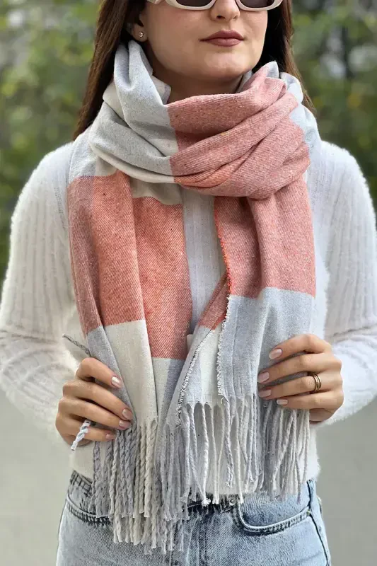 Unisex Kaşe Dokulu Saçaklı Premium Uzun Atkı-TARÇIN BEYAZ - 1