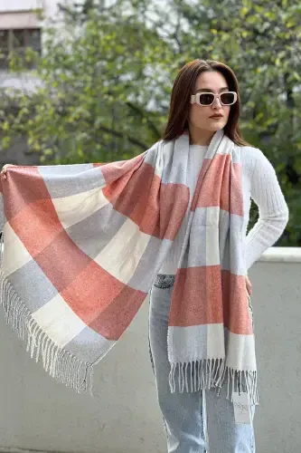 Unisex Kaşe Dokulu Saçaklı Premium Uzun Atkı-TARÇIN BEYAZ - 4