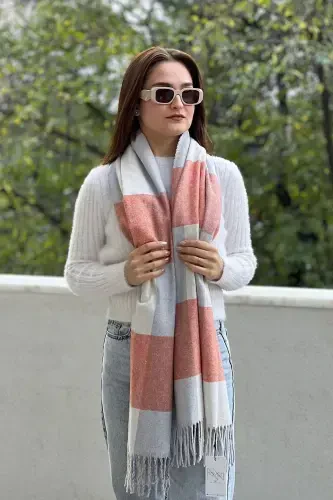 Unisex Kaşe Dokulu Saçaklı Premium Uzun Atkı-TARÇIN BEYAZ - 5