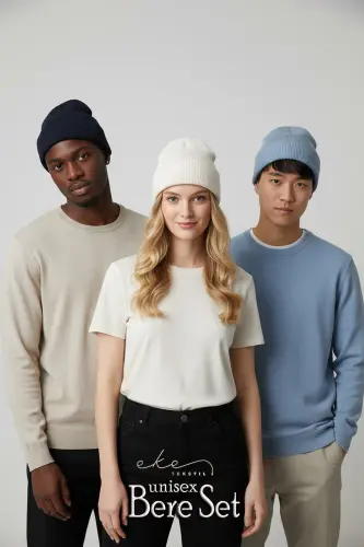 Unisex Katlamali Bere Bebe Moviy Oq To'q ko'k 3'li Bere Seti-bebemovi - 3