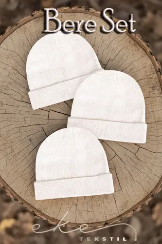 Unisex Katlamalı Beyaz,beyaz Ve Beyaz 3'lü Bere Seti - Beyaz-Beyaz-Beyaz 
