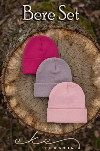 Unisex Katlamalı Fuşya,lila,pembe 3'lü Bere Seti - Fuşya-Lila-Pembe - 5