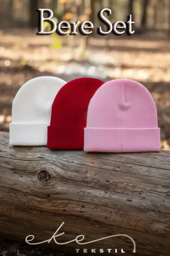 Unisex Katlamalı Kırmızı,pembe,beyaz 3'lü Bere Seti - Kırmızı-Pembe-Beyaz - 6