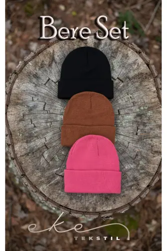 Unisex Katlamali Qora, fuchsiya, g'isht 3'li Bere Seti-Qora - EKE TEKSTIL (1)