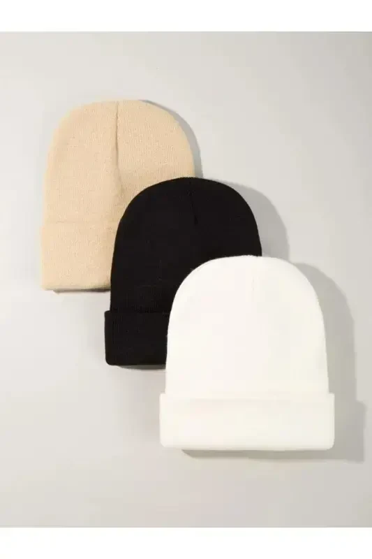 Unisex Katlamali Qora,oq,bej 3 dona shapka to'plami-Qora - 1