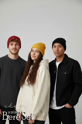 Unisex Katlamali Qora,qizil,sariq 3'li Bere Seti-Qora - 7