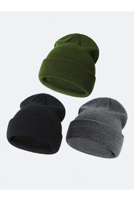 Unisex Katlamalı Siyah,açık Vizon,taş 3'lü Bere Seti - Siyah-Antrasit-Haki - 2