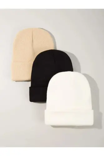Unisex Katlamalı Siyah,beyaz,bej 3'lü Bere Seti - Siyah-Beyaz-Bej 