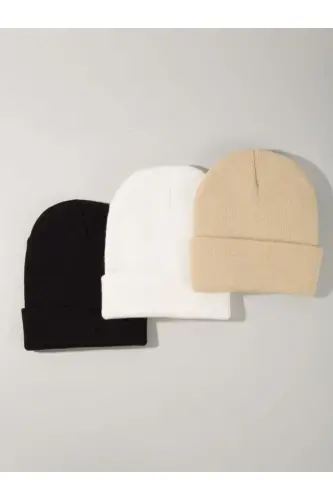 Unisex Katlamalı Siyah,beyaz,bej 3'lü Bere Seti - Siyah-Beyaz-Bej - 2