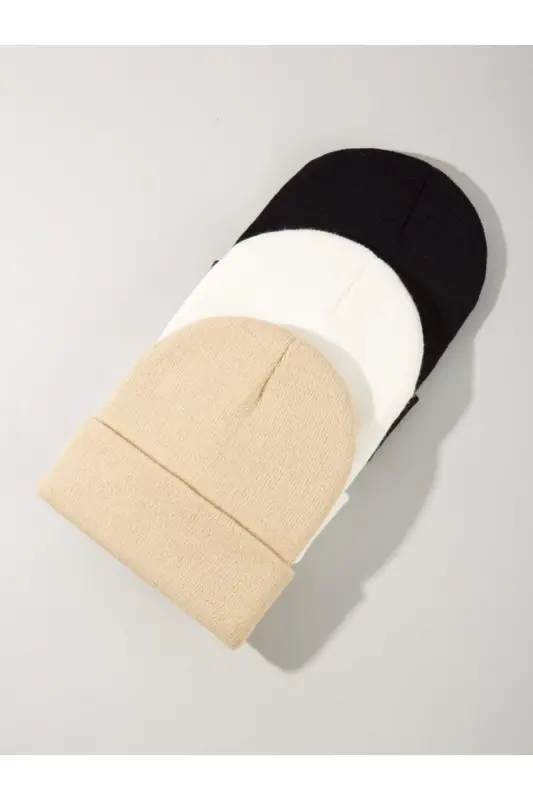 Unisex Katlamalı Siyah,beyaz,bej 3'lü Bere Seti - Siyah-Beyaz-Bej - 3