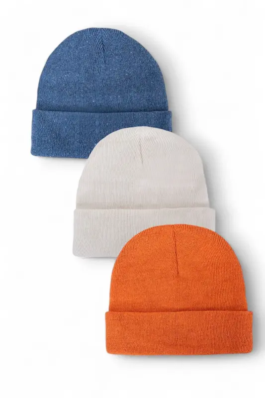 Unisex Katlamalı Siyah,beyaz,gri 3'lü Bere Seti - Indigo-Beyaz-Turuncu - EKE TEKSTIL