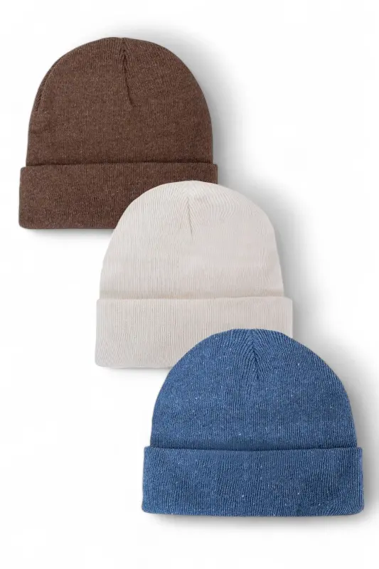 Unisex Katlamalı Siyah,beyaz,gri 3'lü Bere Seti - Kahve-Beyaz-İndigo - EKE TEKSTIL