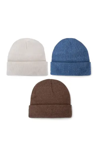 Unisex Katlamalı Siyah,beyaz,gri 3'lü Bere Seti-Kahve - 5