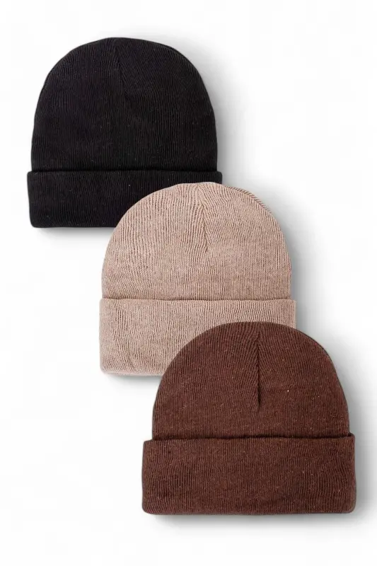 Unisex Katlamalı Siyah,beyaz,gri 3'lü Bere Seti - Siyah-Kahve-Taş - 1