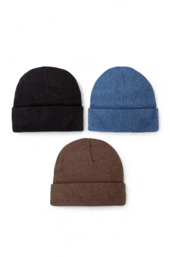 Unisex Katlamalı Siyah,beyaz,gri 3'lü Bere Seti-Siyah - EKE TEKSTIL (1)