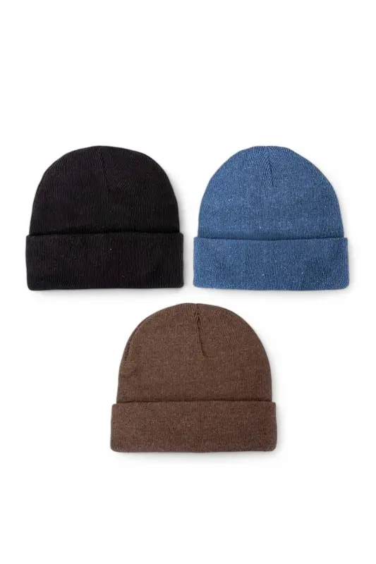 Unisex Katlamalı Siyah,beyaz,gri 3'lü Bere Seti-Siyah - 2