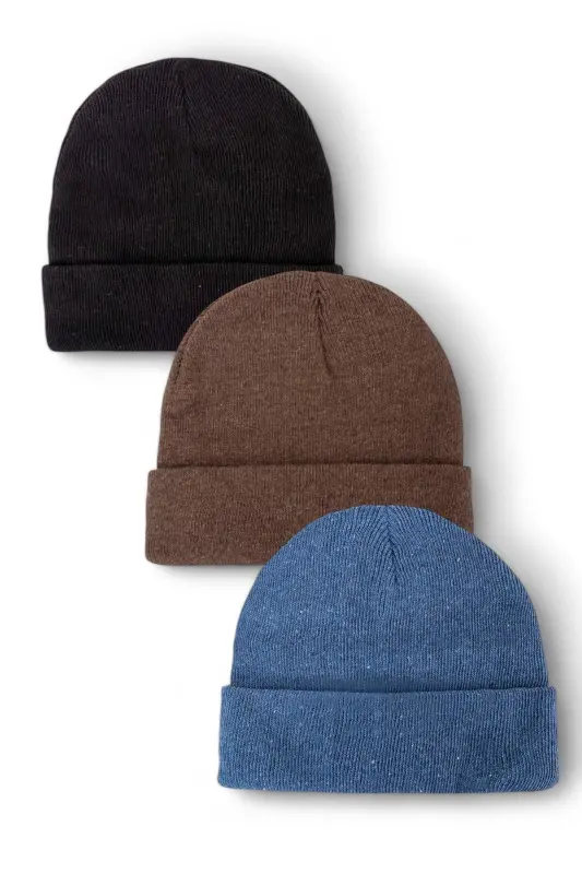 Unisex Katlamalı Siyah,beyaz,gri 3'lü Bere Seti - Siyah-Kahve-İndigo - EKE TEKSTIL