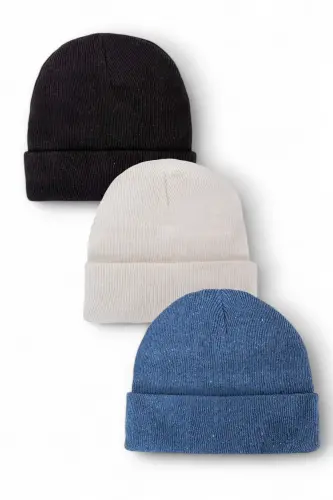 Unisex Katlamalı Siyah,beyaz,gri 3'lü Bere Seti - Siyah-Beyaz-İndigo 