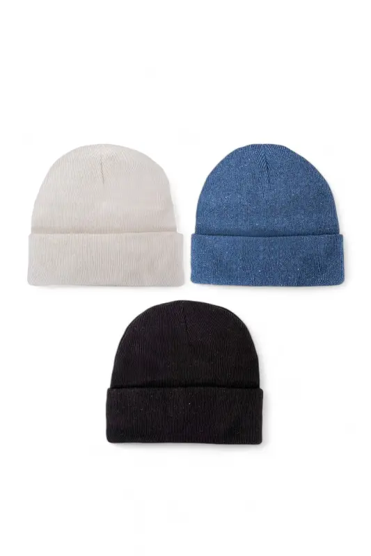 Unisex Katlamalı Siyah,beyaz,gri 3'lü Bere Seti-Siyah - 2