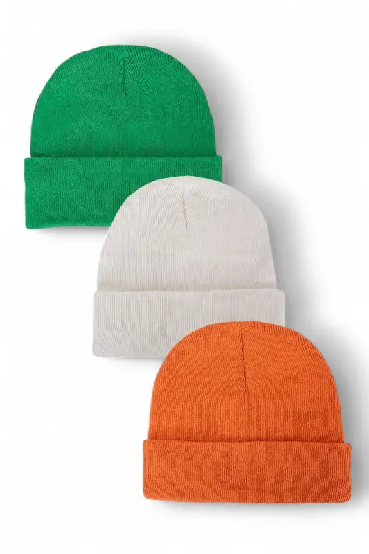 Unisex Katlamalı Siyah,beyaz,gri 3'lü Bere Seti-Yeşil - EKE TEKSTIL