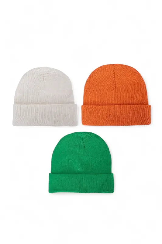 Unisex Katlamalı Siyah,beyaz,gri 3'lü Bere Seti-Yeşil - 2