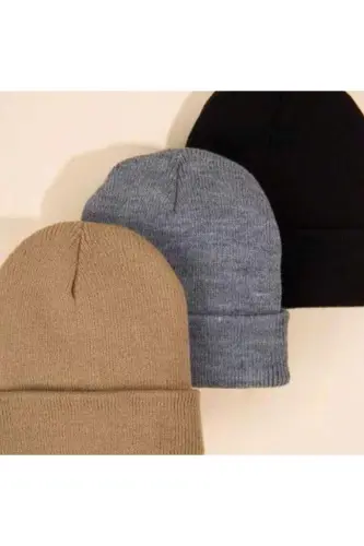 Unisex Katlamalı Siyah,gri,taş 3'lü Bere Seti - Siyah-Gri-Taş - 2