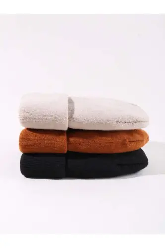 Unisex Katlamalı Siyah,kiremit,taş 3'lü Bere Seti - Siyah-Kiremit-Taş - 4