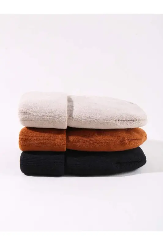 Unisex Katlamalı Siyah,kiremit,taş 3'lü Bere Seti - Siyah-Kiremit-Taş - 4