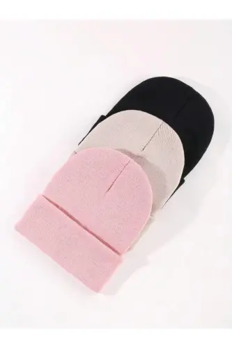 Unisex Katlamalı Siyah,taş,pembe 3'lü Bere Seti - Siyah-Taş-Pembe - EKE TEKSTIL (1)