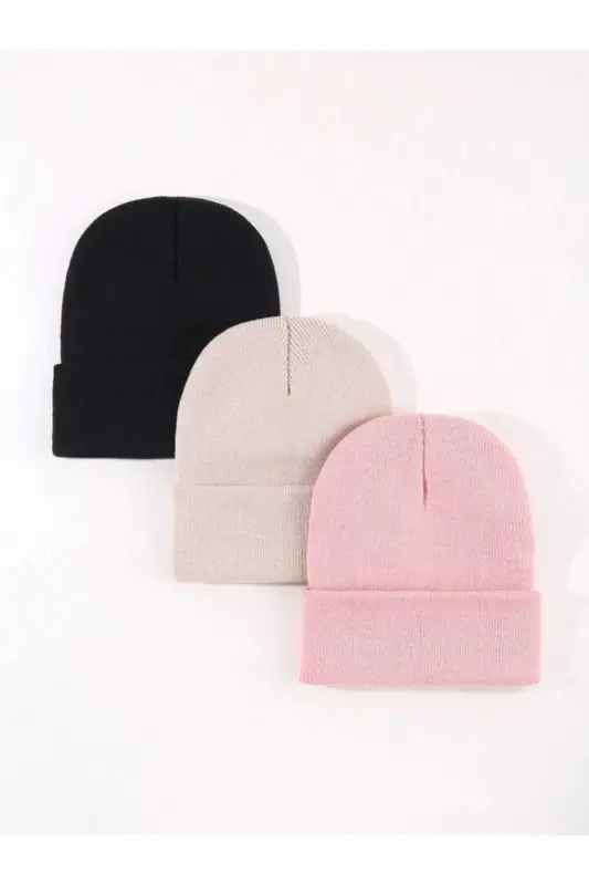 Unisex Katlamalı Siyah,taş,pembe 3'lü Bere Seti-Siyah - EKE TEKSTIL