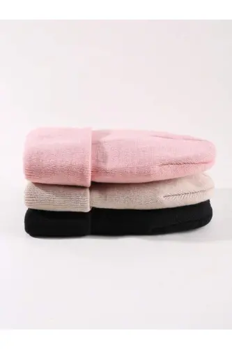 Unisex Katlamalı Siyah,taş,pembe 3'lü Bere Seti-Siyah - 3